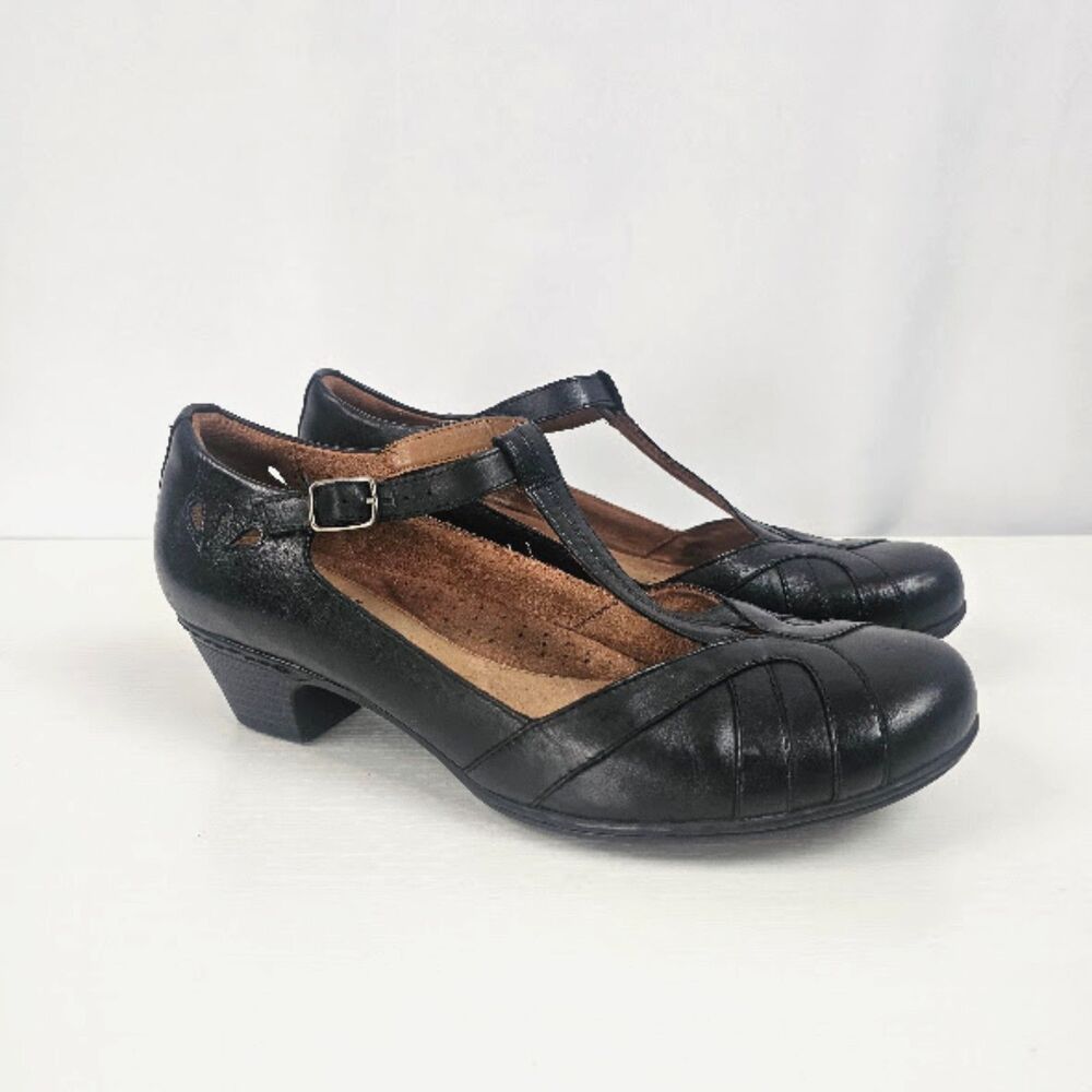 Rockport Cobb Hill Women's Black Angelina Leather T-Strap Low Heel Pumps Size 10